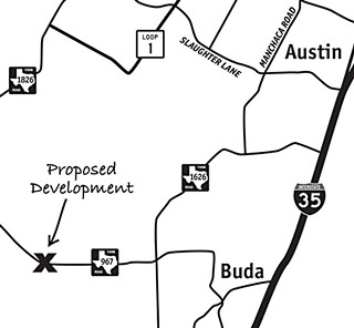 Site of a proposed development that seeks to irrigate treated sewage in the Edwards Aquifer recharge zone, adjacent to city-owned lands acquired for water quality protection.