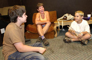 Natural Ear Music Camp director Michele Murphy shares a laugh with Matt Clark (l) and Josh Crow.