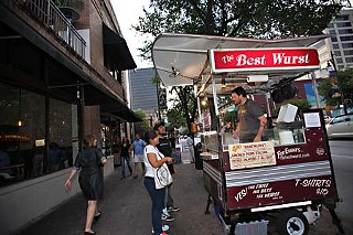 The best and worst of times are playing out on East Sixth Street as two neighboring food establishments – the Best Wurst food cart and P.arkside fine-dining restaurant – appear unable to happily coexist within a few feet of each other. Parkside opposes Best Wurst's permit renewal and says it conflicts with the restaurant's plans to build a balcony and operate a sidewalk cafe. Best Wurst is standing its ground, while its band of Sixth Street devotees are providing a whole lot of dish on Facebook. For more, see <b><a href=http://www.austinchronicle.com/gyrobase/Issue/column?oid=oid%3A1055959>Food-o-File</a></b>.