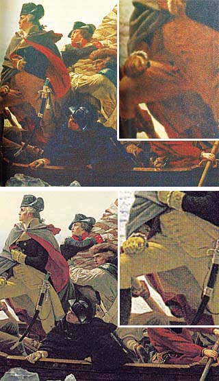 Top: Detail of Emanuel Leutze's <i>Washington Crossing the Delaware </i>(1851)  as accurately reproduced, complete with watch fob, in Prentice Hall's  <i>The American Nation</i>. Bottom: Detail of Eastman Johnson's contemporary copy  of Leutze's painting, lacking the watch fob, misrepresented as Leutze's  original in Holt Rinehart Winston's <i>Call to Freedom</i>.