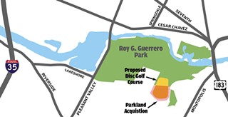 The city wants to build a disc golf course on 35 acres along the southern edge of the Roy G. Guerrero Colorado River Park – including a 26-acre tract of land the city purchased in 2007.