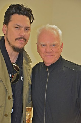 Jesse Dayton (l)and Malcolm McDowell on the set of Zombex