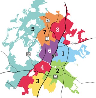 In the 8-4-1 scenario – eight individual districts and two superdistricts that halve the city, with two council members elected from each half – the mayor would be the only truly at-large candidate, for a total of 13 council members. The Austin Center for Peace and Justice supports such a scenario.