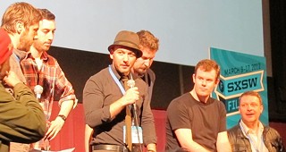 'V-H-S' creators David Bruckner, Ti West, Simon Barrett, Adam Wingard and Glenn McQuaid, just before a couple of dozen more people hit the stage at their first SXSW screening