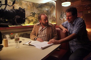 Don Coscarelli (r) with Paul Giamatti on the set of John Dies at the End