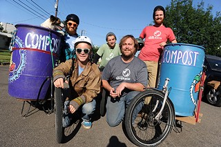 Back row from left: Molly (dog), Ray Ray Mitrano, Spencer Shipley, Dustin Fedako; front row from left: Jon Cook and Eric Goff with the East Side Compost Pedallers