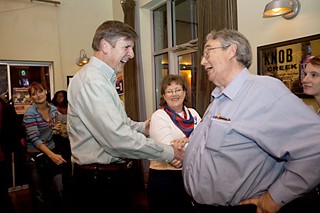 Peck Young (r) was happier on election night, celebrating the passage of 10-1 with former Mayor Bruce Todd.