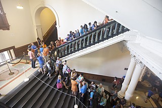 A scene from the legislative debate on abortion: The line of people waiting to sit in the Senate gallery trailed down three staircases.