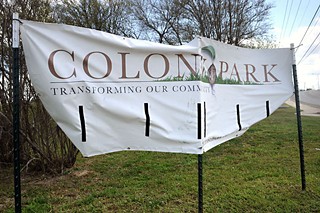 A banner announces the ongoing transformation of Colony Park, a Northeast Austin neighborhood slated for a city-initiated makeover.