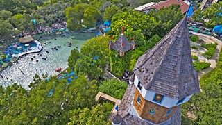 The beloved castle landmark of the New Braunfels flagship park from a bird's-eye view