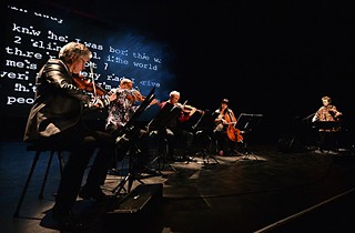 The Kronos Quartet and Laurie Anderson performing <i>Landfall: Scenes From My New Novel</i> at the Barbican Centre in London in June 2013.