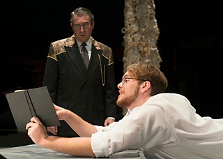 Words, words, words: David Stahl's Polonius tries to get a straight answer from Seth Stewart's Hamlet about what he's reading.