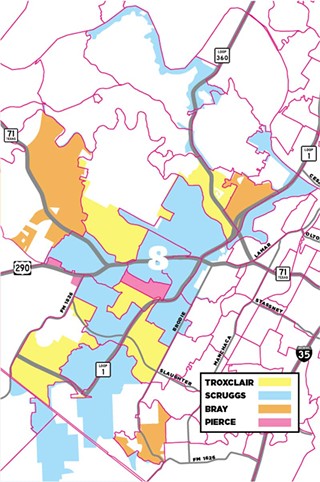 D8: Ed Scruggs trailed by less than a percentage point on Election Night, capturing Circle C Ranch, the epicenter of his campaign, and the Y at Oak Hill, while Ellen Troxclair won the area around Brodie and the eastern stretch of 45, and could claim third-place Becky Bray’s Bee Cave territory in the run-off.
