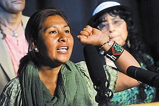 María de Jesús, mother of a missing Mexican student, speaks during an Ayotzinapa 43 press conference at City Hall.