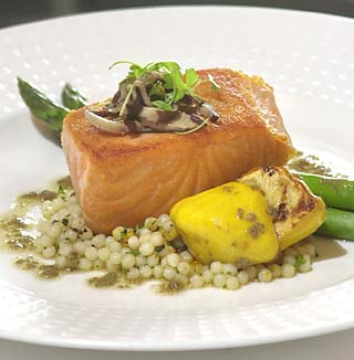 Copper River Salmon on Lemon Couscous With Organic Asparagus and Caper Emulsion