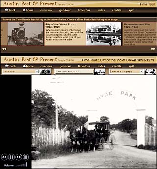 When viewers access the DVD-ROM of Austin Past & Present, they may choose to navigate the interface via time line, map, or biographical listing. Here, when a viewer clicks on the City of the Violet Crown: 1893-1929 portion of the time line (above), a minidocumentary pops up (below time line).  When the project is finished next year, the city plans to install it in kiosks located at public libraries, the airport, and City Hall. It will also be used in the public schools and available for sale in museum gift shops and on the Internet. Selected documentary shorts from the project will air at 7:05pm, Wednesday, Aug. 20, on KLRU.