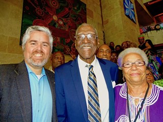 Berl Handcox (center) with Council Members Jimmy Flannigan (left) and Ora Houston (right)