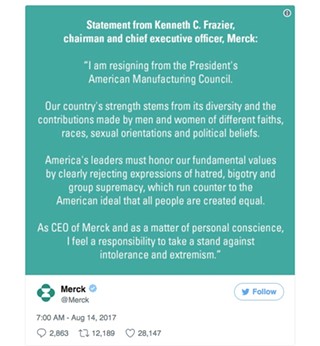 Statement by Kenneth Frazier, CEO and president of Merck & Co.