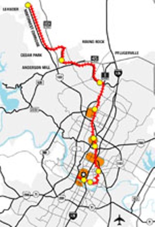 Capital Metro's proposed commuter rail starter line – 
the Red Line along Cap Metro's current freight-rail 
tracks, from Leander to the Convention Center – would 
have nine stations en route according to the final All 
Systems Go! plan presented this week. The Mueller 
redevelopment would not be among them; however, the 
Mueller/Triangle 51st Street corridor, along with 
Downtown, the Arboretum, and Highland Mall, are 
designated as transit circulation areas slated for further 
study and future special treatment if a November rail 
referendum passes.<br>For a larger map click <a 
href=bigrailmap.jpg target=blank><b>here</b></
a>