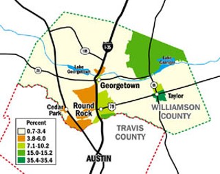 African-American population in Williamson County (as % 
of total) by census tract – 2000 census data. For a larger 
map <a href=bigwilliamsonmap.jpg>click here</a>.