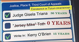 From Kerry O'Brien's Facebook page, Jersey Mike Toth – Bad for Texas Justice