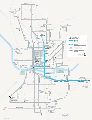 The proposed Blue Line runs from the airport along Riverside Drive, crosses Lady Bird Lake via a new tunnel or bridge, and ends on the east side of the UT campus.