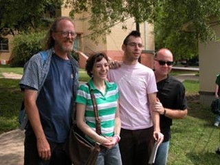 An unidentified VIP ticketholder (second from left) with <i>Freaks and Geeks</i> cast members (l-r) Dave Allen, Martin Starr, 
and Steve Barros
<br>Photo courtesy Alamo Drafthouse