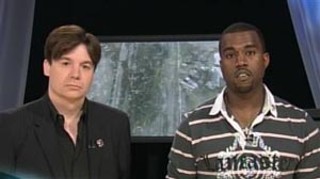 Kanye West (r) with Mike Myers during NBC's live concert benefiting victims of Hurricane Katrina. West ignored the remarks prepared for him, eventually saying that George Bush doesn't care about black people.