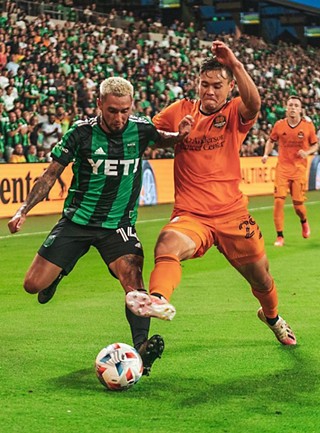 Diego Fagúndez of Austin FC battles Samuel Junqua of the Houston Dynamo during a 2021 match at Q2 Stadium