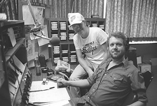 Alvin Crow and Joe Gracey (r) in 1977, during Gracey’s last show on KOKE-FM