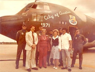 Late Seventies ceremony dedicating “City of Austin” jet, Bergstrom Air Force Base (now ABIA). Civilians in first row (l to r): council members Richard Goodman, Betty Himmelblau, Mayor McClellan, John Treviño<br>
Photo courtesy Strayhorn Campaign