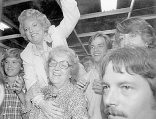 Spring, 1981:  Mayor McClellan celebrates election to her third term, with her mother Madge Keeton and three sons – Scott (left), Mark (right center) and Brad McClellan (nearly hidden between Carole and Mark).<br>
Photo courtesy Strayhorn Campaign