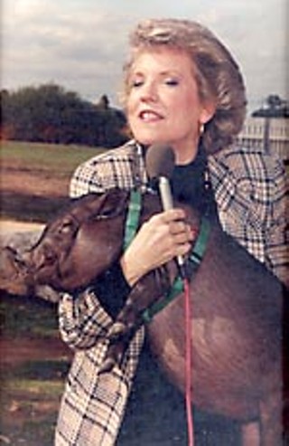 Carole Keeton Rylander and potbellied pig on the <i>Rylander Report</i> cable TV show, early Nineties
<br>
Photo courtesy Strayhorn Campaign