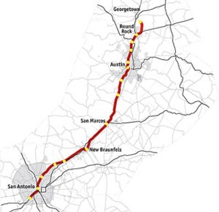 A 112-mile passenger rail line from Georgetown to San Antonio could be in operation by 2012 at a cost of $612 million and with an annual operating budget of $40 million. 


<br><a href=http://www.austinchronicle.com/issues/dispatch/2006-12-01/Rail.jpg target=blank><b>View a larger image</b></a>