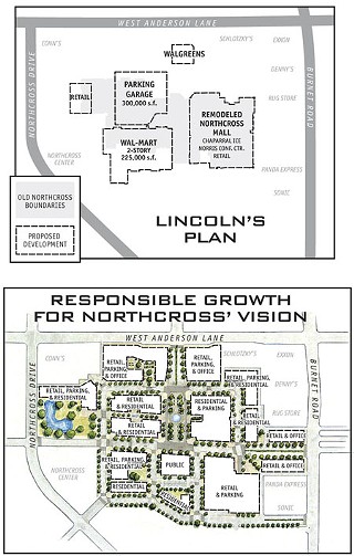Old vs. New:  Viewing the two site plans – Lincoln's and RG4N's – side-by-side is like looking at 1977 next to 2007. Lincoln's city-approved site plan is the outdated plop-in-the-parking-lot formula. It ignores Austin's new design standards. The early RG4N site plan offers an alternative vision of a well-designed mixed-use redevelopment [that] could apply the best of urban architecture and merchandising to integrate a variety of commercial, residential, and public uses in an appealing, people-friendly place that enhances its surrounding community. While only the ground floor is shown here, the scheme rises three and four stories, with residences above.<br>
<a href=http://www.austinchronicle.com/issues/dispatch/2007-02-16/northcross.jpg target=blank>Click here to view a larger map</a>