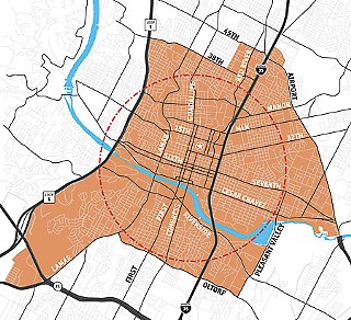 Affordable Housing Fund: Downtown developers could be required to help
fund affordable housing in Central Austin (area inside the circle and
the neighborhoods shown in orange) through a proposed new Downtown
Affordable Housing Fund recommended to City Council by the Affordable
Housing Incentives Task Force. Every developer seeking increased
“entitlements” to build taller projects Downtown than allowed by current
zoning would have to either 1) include affordable-housing units or 2)
pay a chunk of change into the Downtown Affordable Housing Fund.
Developers would be required to devote 10% of the additional square feet
granted to affordable-living units, or they could pay a fee-in-lieu of
$10 per square foot, again on the additional square footage built – an
option many are likely to choose. Those fee-in-lieu contributions would
be spent in neighborhoods within 2 miles of Downtown, to promote
close-in affordability. The circle on this map shows the eligible 2-mile
radius; also eligible is any tract in a neighborhood partially within
the circle.