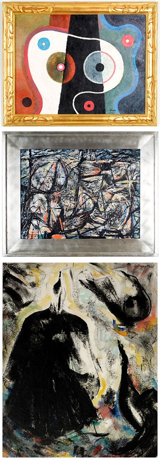 From top to bottom: Michael Frary, <i>Straight and Curved</i>; Constance Forsyth, <i>Grackles</i>; Everett Spruce, <i>Untitled Abstract</i>