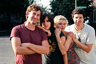 l-r: Mark Duplass, Ry Russo-Young, Greta Gerwig, and Kent Osborne during production of <i>Hannah Takes the Stairs</i>