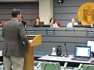 Education Austin President Louis Malfaro addresses the AISD board Monday night.