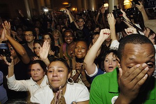 Tears of joy were a common sight Tuesday night at the Democrats' victory headquarters at the Driskill.