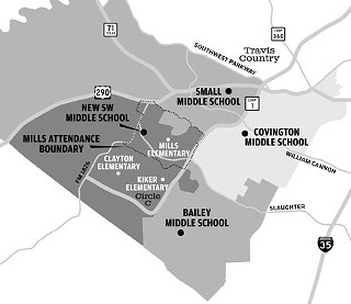 AISD's new Southwest middle school 
will draw students from both Small and 
Bailey. At issue are students from Mills 
Elementary, who could be split by the 
new attendance-zone boundaries.