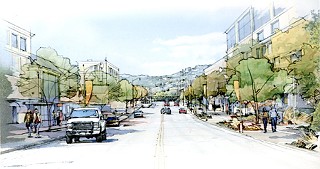This conceptual westward view of Lake Austin Boulevard gives the Brackenridge Tract an urban, mixed-use appearance in place of its current look: the Lions Municipal Golf Course on the right and student housing and a field laboratory on the left amid plenty of green space.