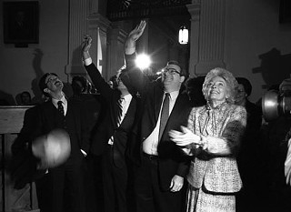 Former Attorney General Jim Mattox, 
second from right, greets a crowd in the Capitol rotunda in January 1983, flanked by (l-r) Agriculture Commissioner Jim Hightower, Land Commissioner Garry Mauro, and newly elected state Treasurer Ann Richards after the four Democrats swept the November 1982 ballot. Mattox, who remained active in Democratic Party politics, died Nov. 20 of an apparent heart attack. He was buried 
Tuesday in the State Cemetery.