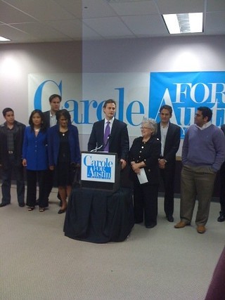 Back for more: Strayhorn with BancVue CEO Gabe Krajicek and campaign co-chairs