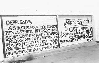 Graffiti on Bowie Street asks GSD&M to take the lead on converting this building for creative use.