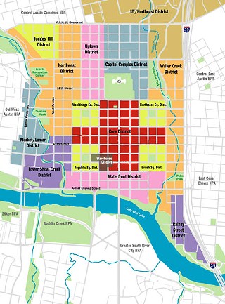 Phase Two of the Downtown Austin Plan will include setting goals and priorites for each of these Downtown districts. 
Download a <a href= /media/content/756261/potentialdistricts_4c.pdf><b>PDF</b></a>.