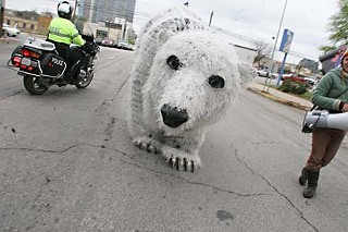 This polar bear took to Austin’s chilly climes last weekend – perfect weather for a “procession for the future” march to the state Capitol, sponsored by the Backbone Campaign, a national progressive advocacy group that’s holding marches in cities across the country.