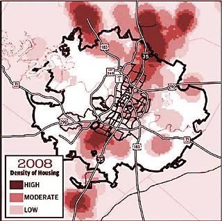 Affordable Single-Family Homes, <b>2008</b>: The map shows the locations of detached single-family units that are affordable to Austin families earning between 51% and 80% of median family income. The term density here does not imply density of land use but of affordable housing in a given geographical area.