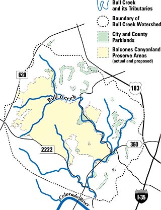 Roughly bordered by four highways -- Research Blvd., Loop 360, RR 620, and RM 2222 -- the 32 square miles of the Bull Creek Watershed are characterized by both the quiet green space of the Balcones Canyonlands Preserve and the bustle of booming Northwest Austin.