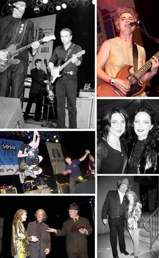 Clockwise from top left: Ray Benson and Jimmie Vaughan, Gretchen Phillips,  two from Tosca, Augie Meyers and Toni Price, Jon Dee Graham (r) and Stephen Bruton awarding Toni Price, the Snobs